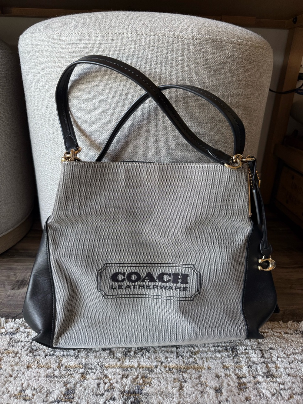Coach Gray Canvas Shoulder Bag with Black Leather Trim